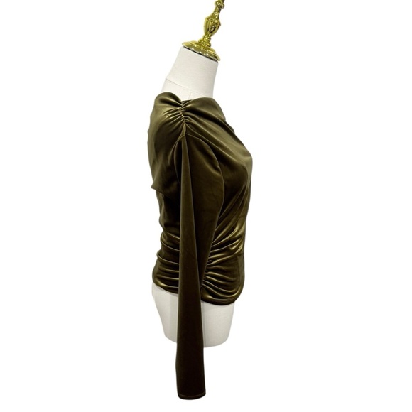 Abercrombie & Fitch XS GOLD/Green Asymmetrical Shoulder Ruched Long Sleeve Top - Picture 7 of 12